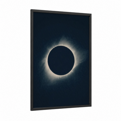 Solar Eclipse framed solar system print — black wood frame — black and white and blue palette