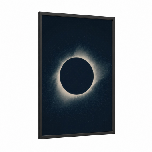 Solar Eclipse framed solar system print — black wood frame — black and white and blue palette