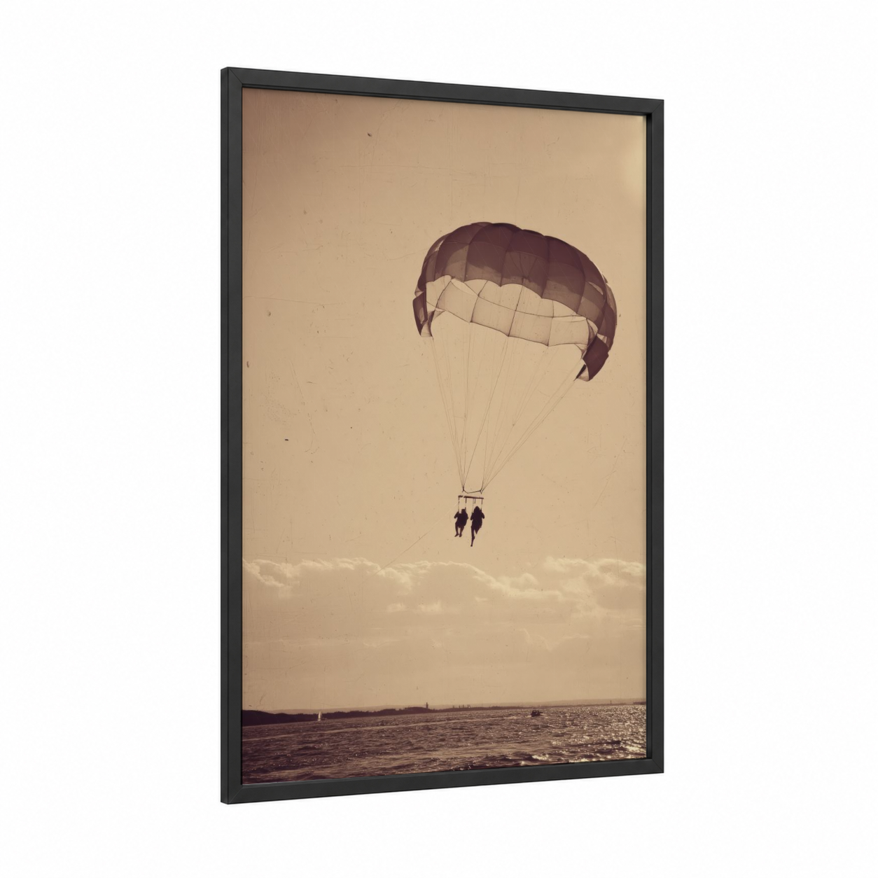 Coastal Parasailing framed art print — black wood frame — champagne gold and beige palette