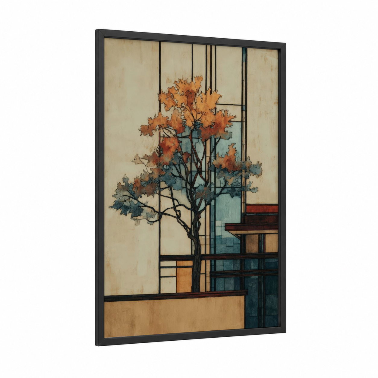 Autumn Architecture Tree framed savanna and desert trees print — black wood frame — gold and teal palette
