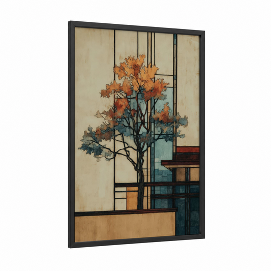 Autumn Architecture Tree framed savanna and desert trees print — black wood frame — gold and teal palette