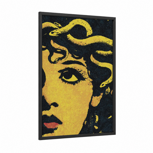 Golden Medusa framed art print — black wood frame — yellow gold and black and yellow palette