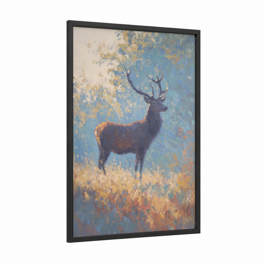 Golden Reindeer framed art print — black wood frame — gold and blue palette
