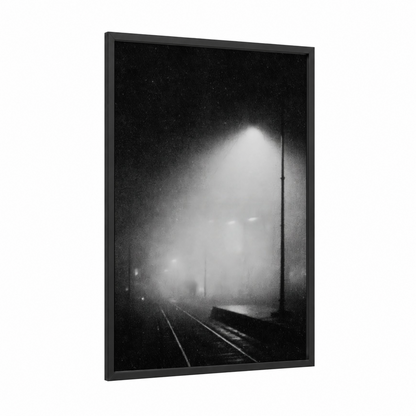 Train Tracks Nocturne framed art print — black wood frame — black and white palette