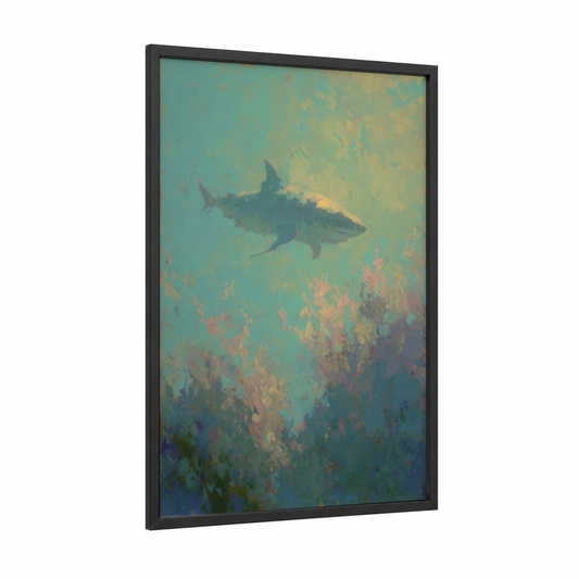 Golden Hour Shark framed bull shark print — black wood frame — teal and gold palette