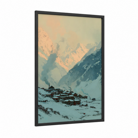 Alpine Village Morning framed himalayas print — black wood frame — cream and dove gray palette