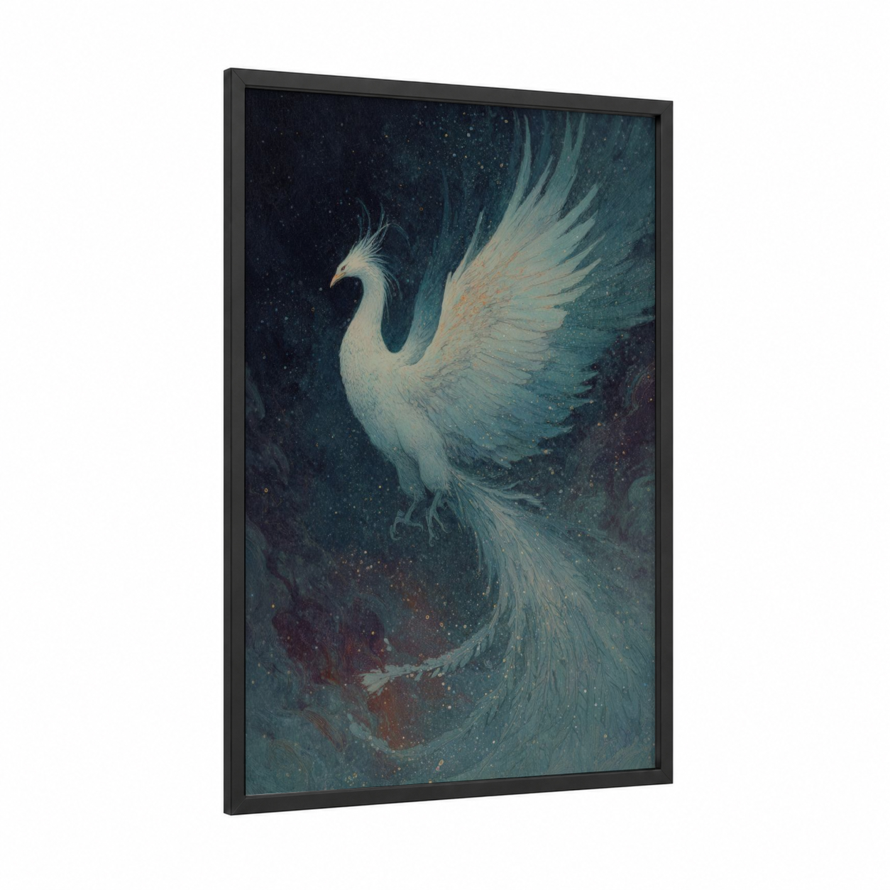 Celestial Phoenix framed art print — black wood frame — teal and gold palette