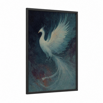 Celestial Phoenix framed art print — black wood frame — teal and gold palette