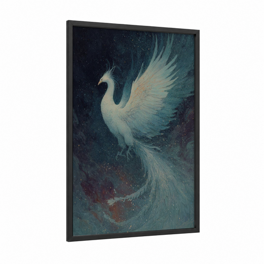 Celestial Phoenix framed art print — black wood frame — teal and gold palette