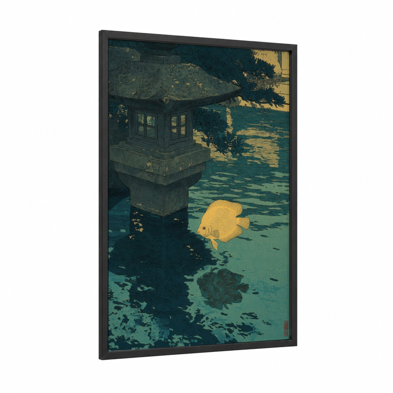 Golden Discus Fish framed art print — black wood frame — teal and gold palette