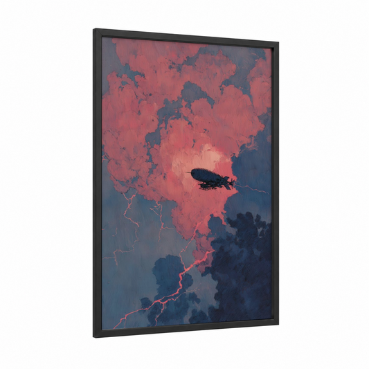 Crimson Airship framed art print — black wood frame — salmon pink and dark blue palette