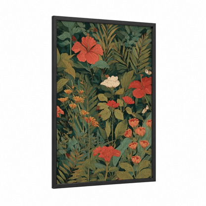 Tropical Hibiscus Garden framed art print — black wood frame — dark green palette
