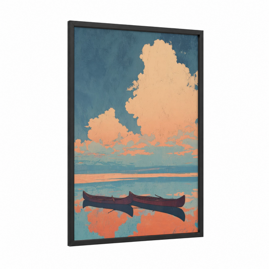 Tranquil Canoes framed canoeing and kayaking print — black wood frame — blue and peach palette