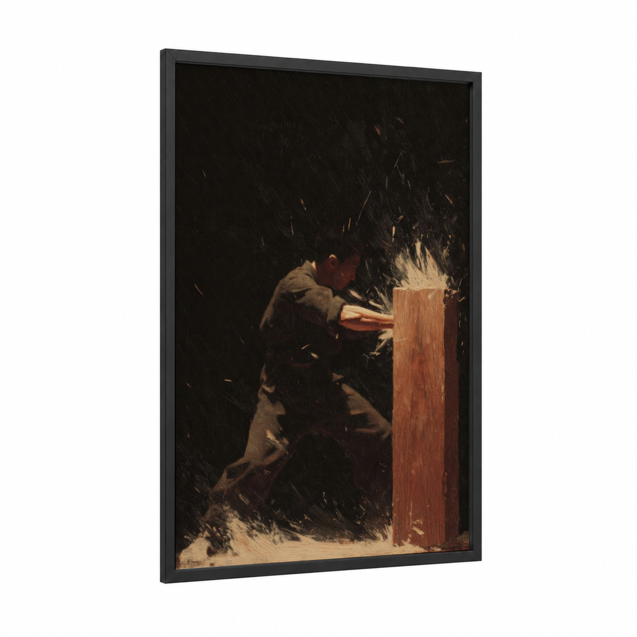 Wooden Board Strike framed kung fu print — black wood frame — black and gold and white palette