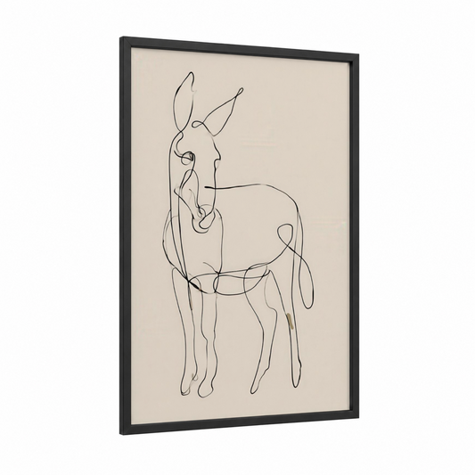 Linear Donkey framed art print — black wood frame — black and cream palette