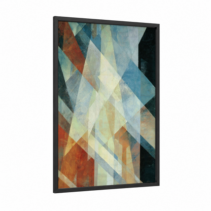 Geometric Prism framed abstract geometric print — black wood frame — orange and blue palette
