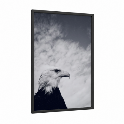 Skyward Eagle framed art print — black wood frame — black and white and gray palette