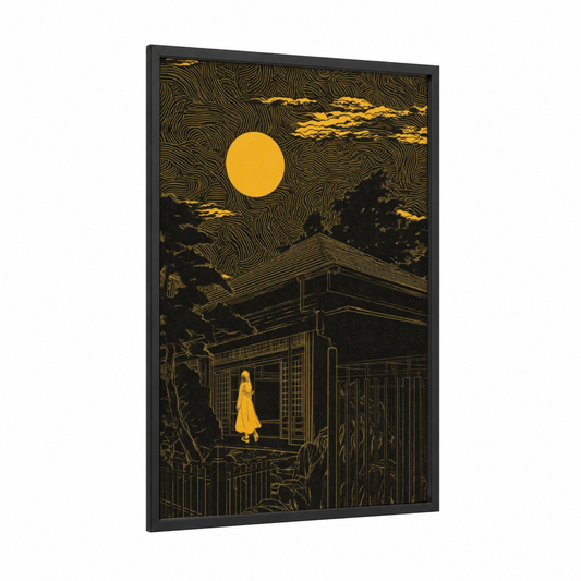 Moonlit Solitude framed abstract classic print — black wood frame — yellow gold and black palette