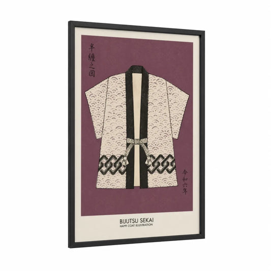 Japanese Happi Coat Fashion Illustration Wall Art framed art print — black wood frame — lavender and cream palette