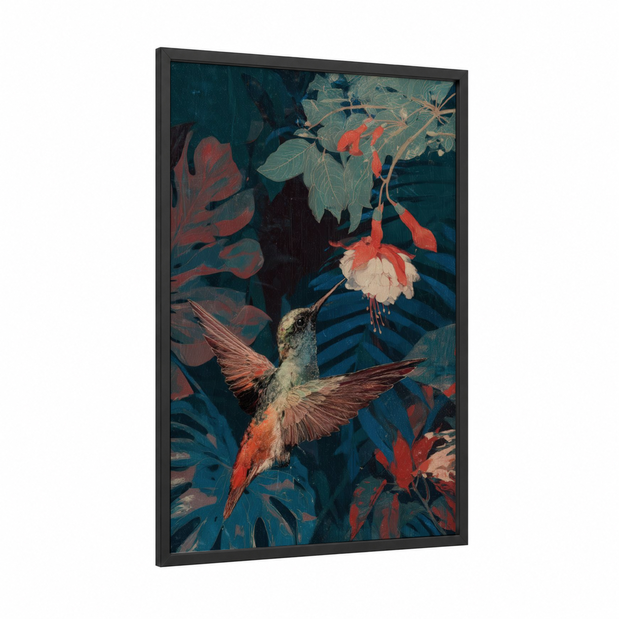 Tropical Hummingbird framed art print — black wood frame — dark blue and salmon pink palette