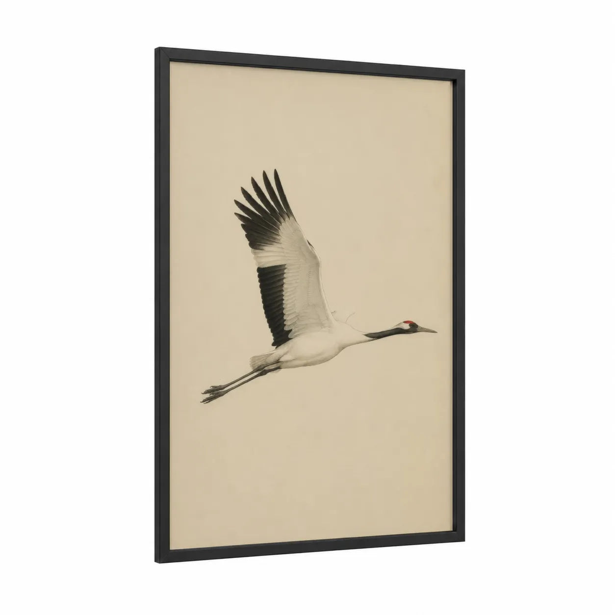 Japanese Crane in Flight Wall Art framed art print — black wood frame — beige and black and white palette