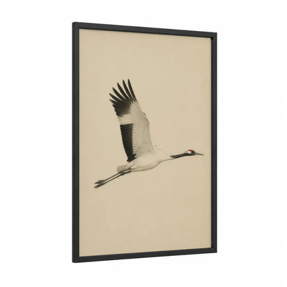 Japanese Crane in Flight Wall Art framed art print — black wood frame — beige and black and white palette