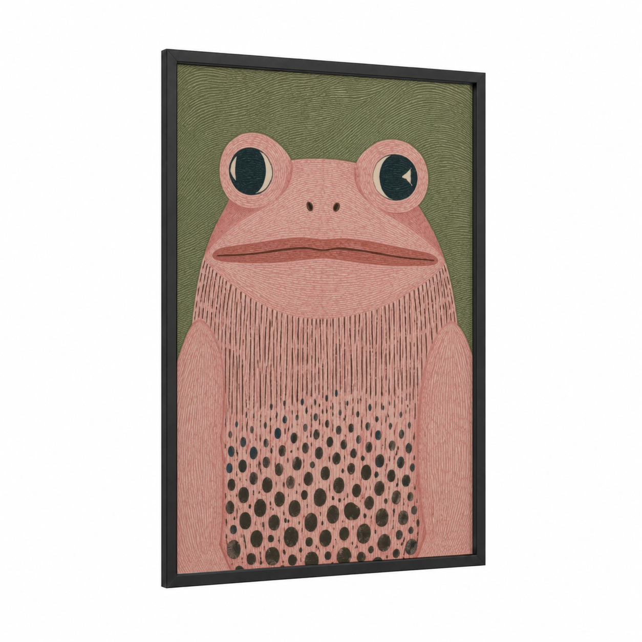 Pink Frog Minimalist Wall Art framed frogs and toads print — black wood frame — pink and sage green palette