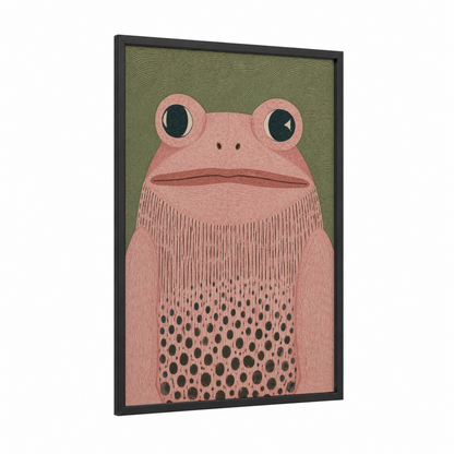 Pink Frog Minimalist Wall Art framed frogs and toads print — black wood frame — pink and sage green palette