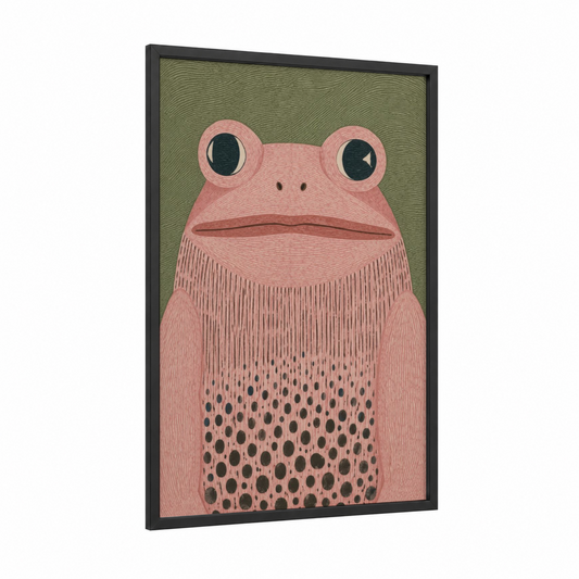 Pink Frog Minimalist Wall Art framed frogs and toads print — black wood frame — pink and sage green palette