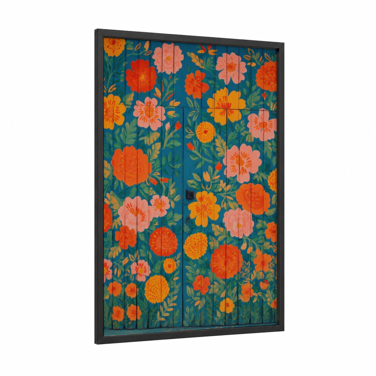Floral Gate framed art print — black wood frame — teal and orange palette