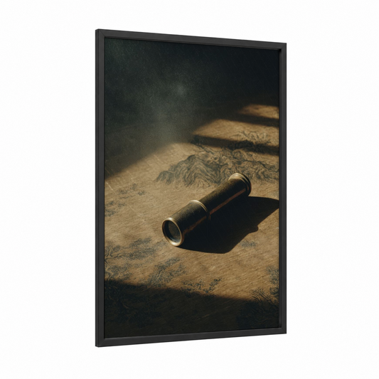 Vintage Spyglass framed art print — black wood frame — gold and brown palette