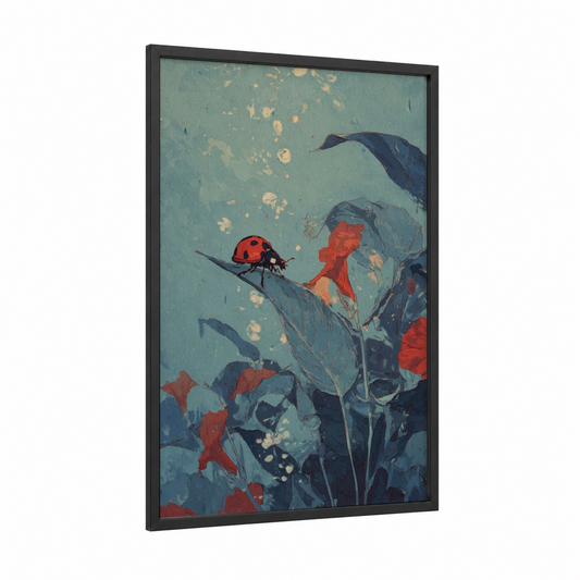 Crimson Ladybug framed art print — black wood frame — teal and red palette