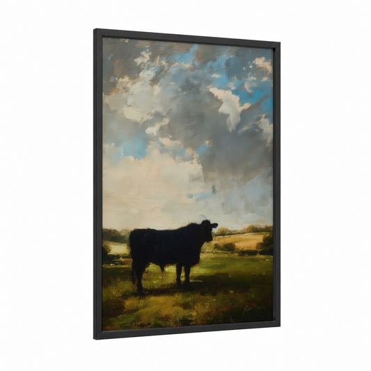 Pastoral Bull framed art print — black wood frame — blue and gold palette