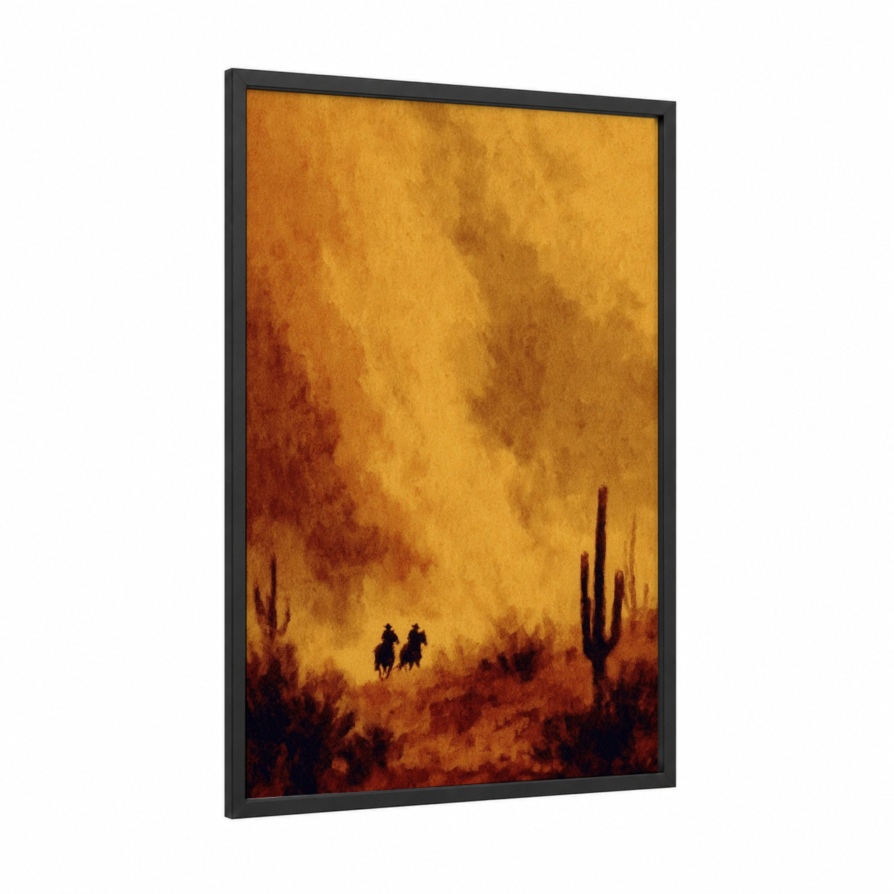 Desert Tornado framed art print — black wood frame — yellow gold and russet palette