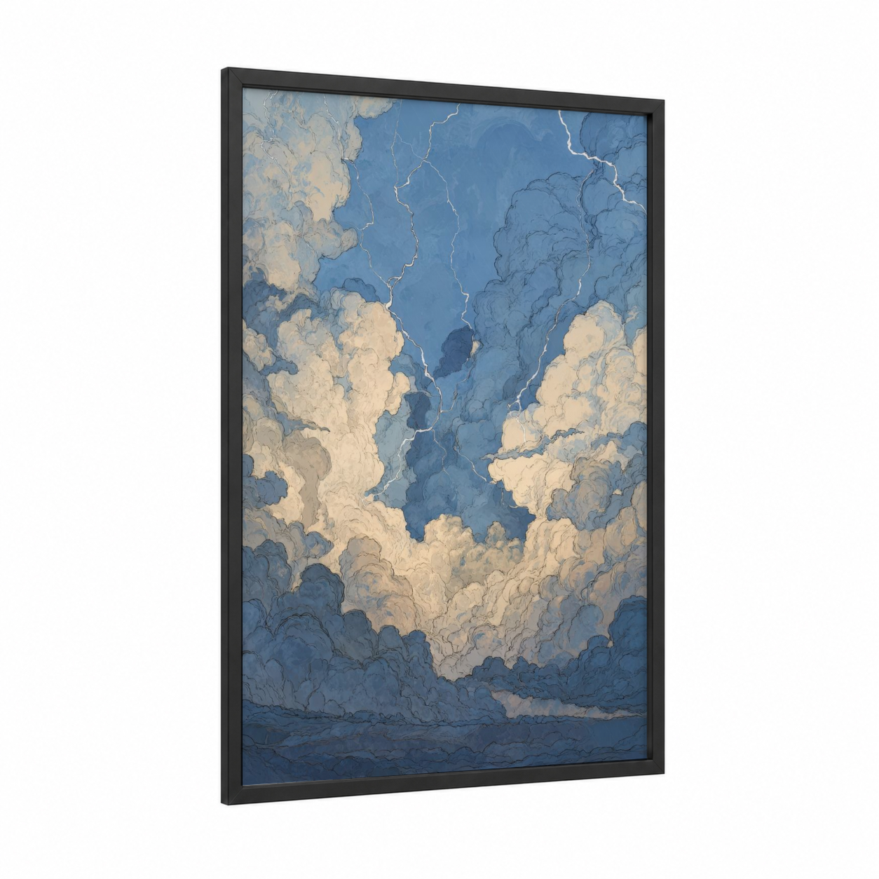 Dramatic Storm Clouds framed art print — black wood frame — blue and cream palette