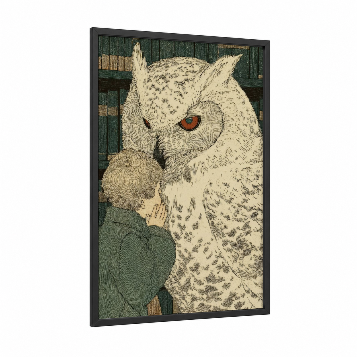 Owl's Gentle Touch framed kids magic and fantasy print — black wood frame — dark green and cream palette