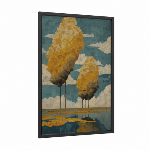 Golden Autumn Trees framed art print — black wood frame — teal and gold palette