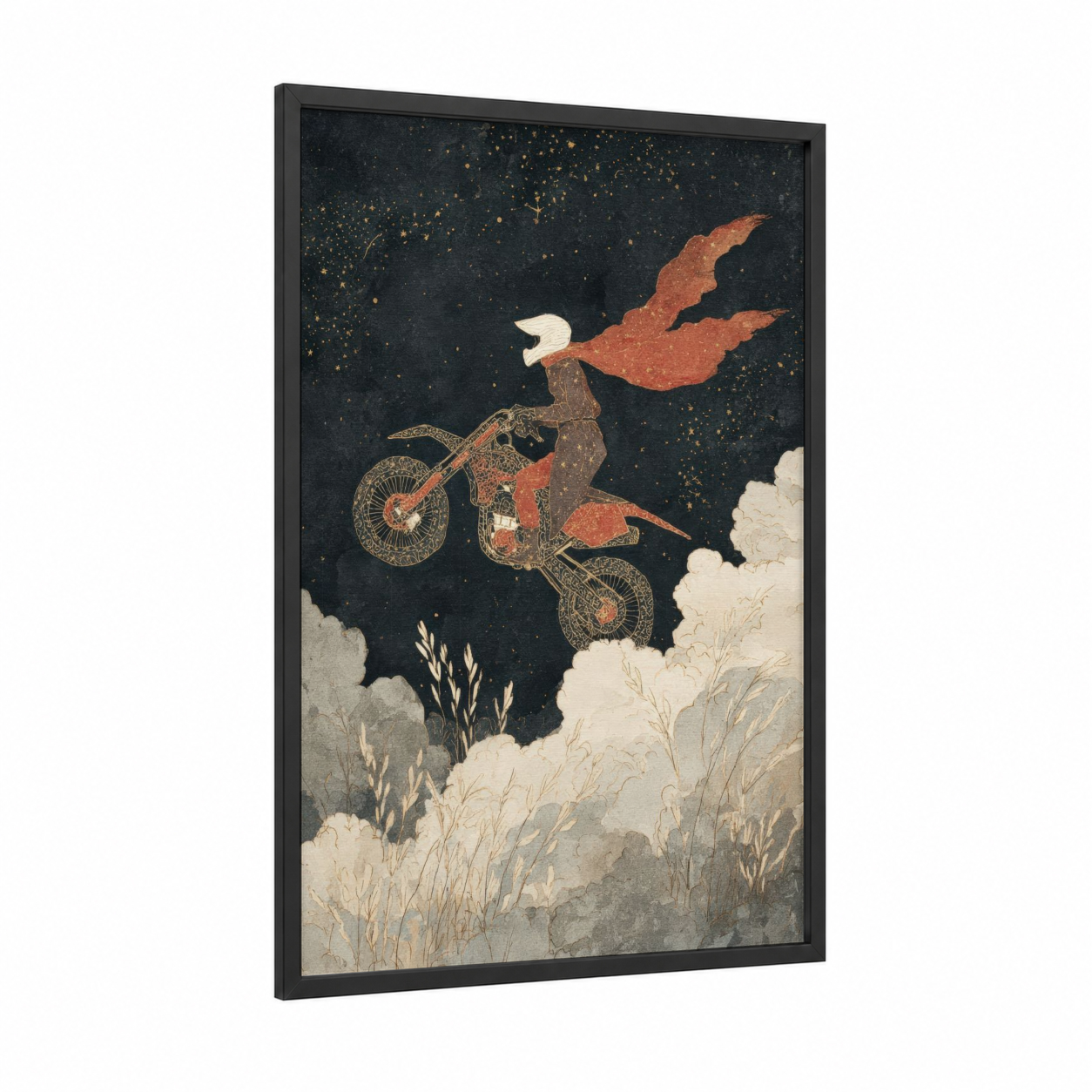 Starlit Rider framed vintage motorcycle print — black wood frame — russet and black palette