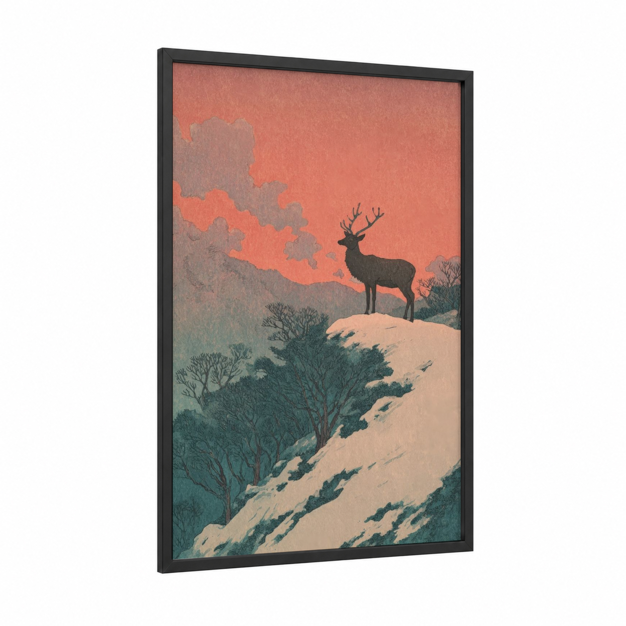 Alpine Reindeer framed art print — black wood frame — salmon pink and teal palette