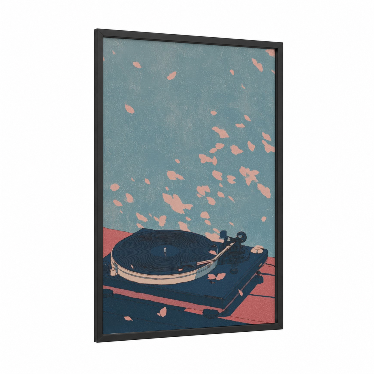 Vinyl Dreams framed vinyl records print — black wood frame — teal and salmon pink palette