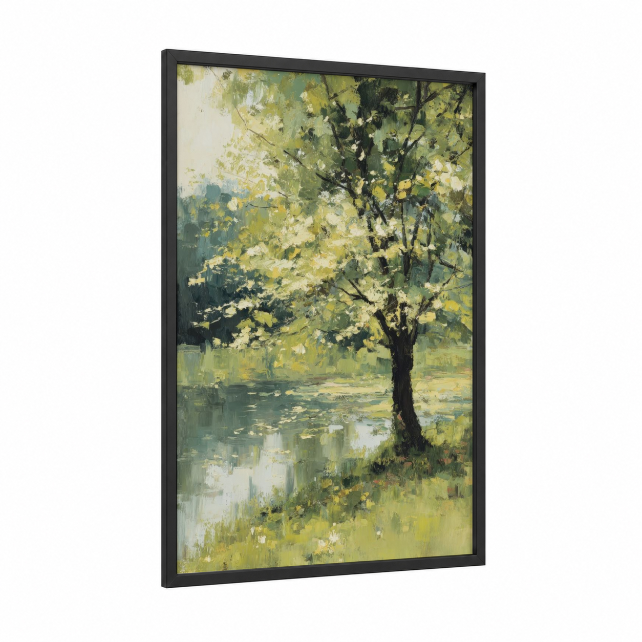 Riverside Linden framed linden tree print — black wood frame — light green and yellow gold palette