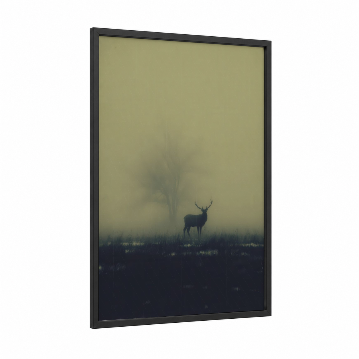 Misty Reindeer framed art print — black wood frame — sage green and gray palette