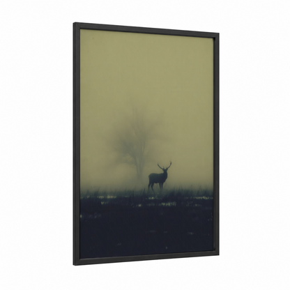 Misty Reindeer framed art print — black wood frame — sage green and gray palette