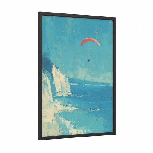 Coastal Paragliding framed art print — black wood frame — turquoise and cream palette