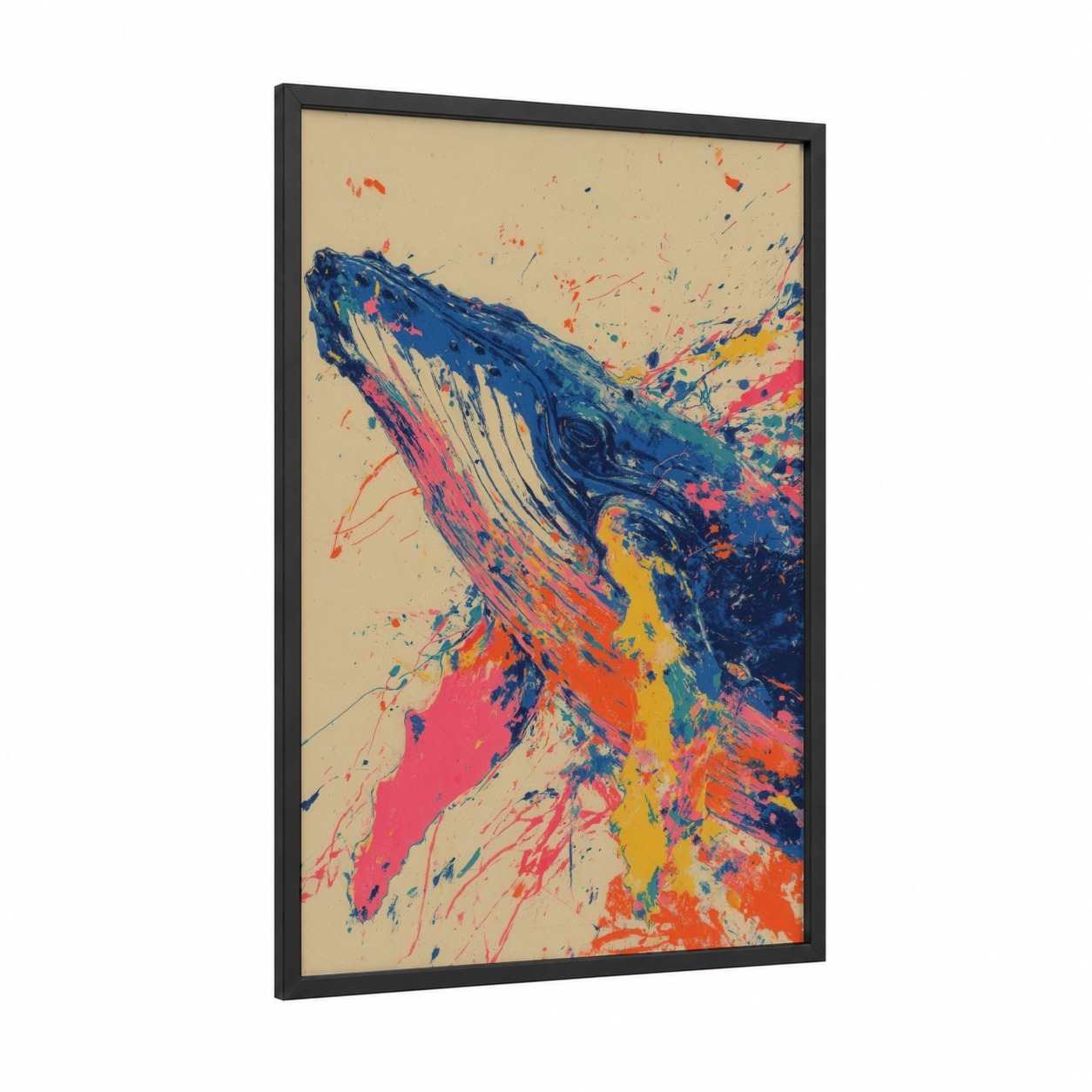 Colorful Humpback framed humpback whale print — black wood frame — blue and pink palette