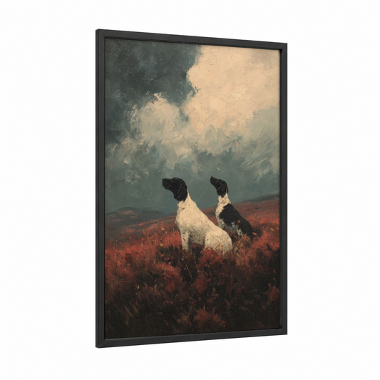 Moorland Hunting Dogs framed art print — black wood frame — black and white and russet palette