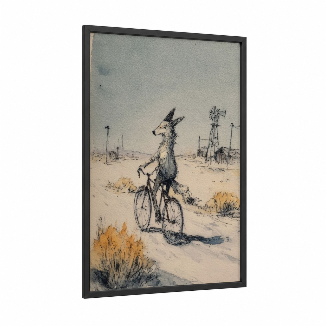 Desert Coyote Cyclist framed art print — black wood frame — gray and yellow gold palette