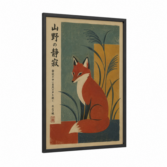 Japanese Fox Woodblock Wall Art framed art print — black wood frame — sage green and gold palette