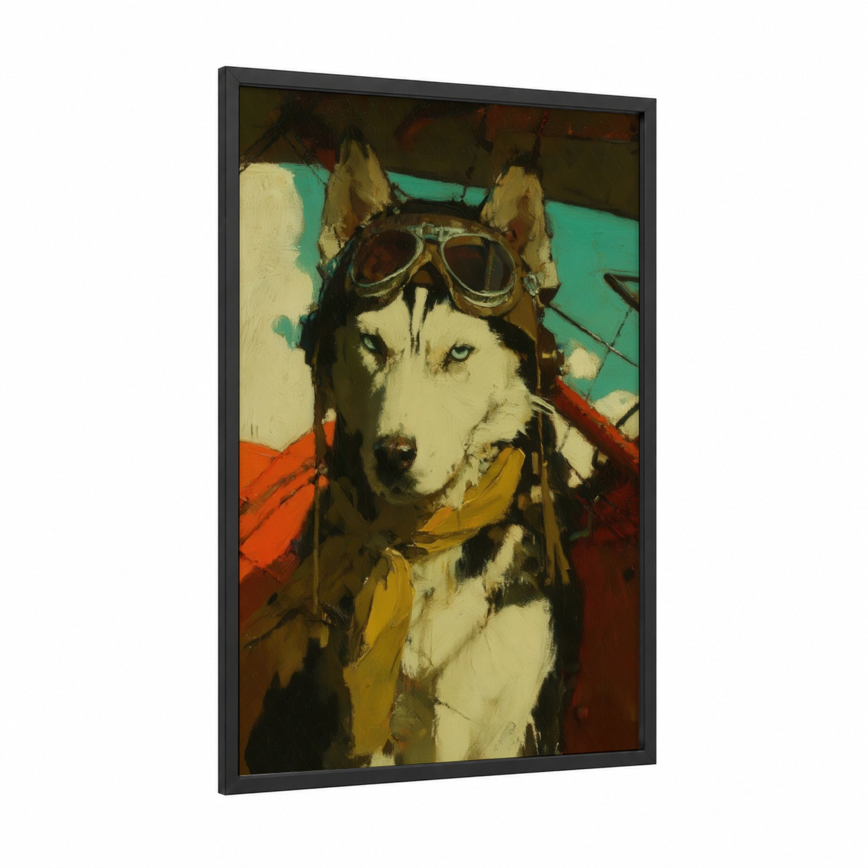 Adventurous Husky Pilot framed art print — black wood frame — orange and teal palette