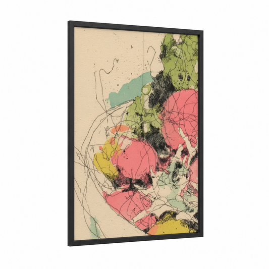 Garden Salad Botanical framed art print — black wood frame — pink and green palette
